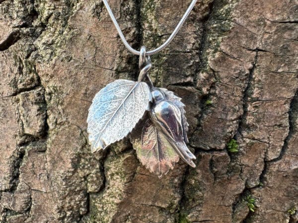 Rose Leaves and Rose Bud Silver Pendant Necklace - Image 4